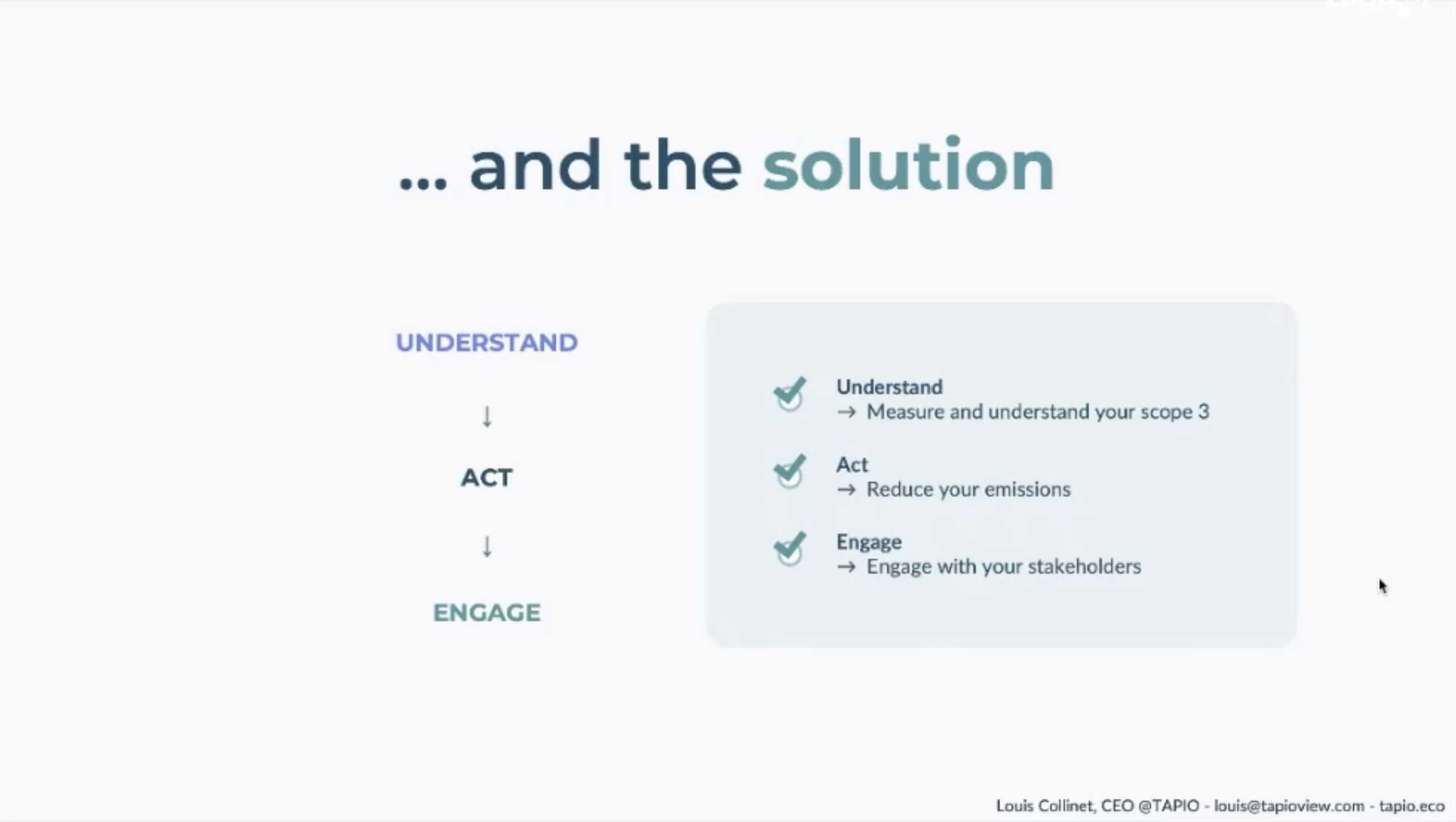 Diagram about solution to Scope 3 problems : Understanding as in measure and understand scope 3 
Act as in Reduce your emissions
Engage as in Engage with your stakeholders